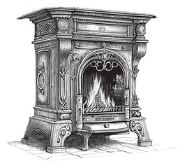 Antique vintage fireplace with fire hand drawn sketch 