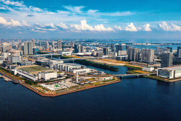 Aerial view of Odaiba Harbor in Minato City, Tokyo, Japan