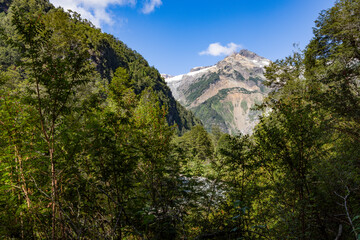 Picturesque view while hiking to the Glaciar Ventisquero Yelcho in Patagonia, Chile 