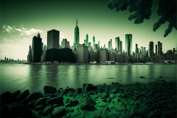 New york city skyline, river, vintage, green monochrome, Generative Ai