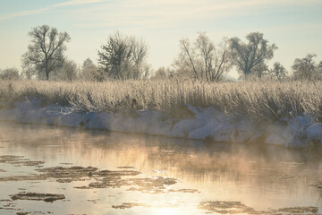 Winter wonderland. White winter landscape. Snow-covered countryside.