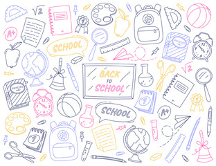 Back to school elements line icons set. Math, PE, geography, physics lessons. Physics, geography, informatics