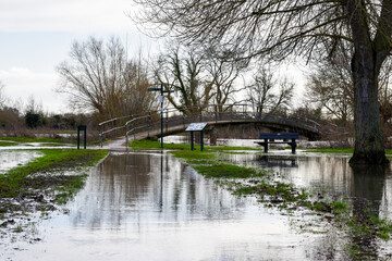 Flood water in a public park after the river banks burst from heavy rain
