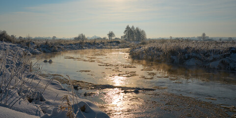 Winter wonderland. White winter landscape. Snow-covered countryside.