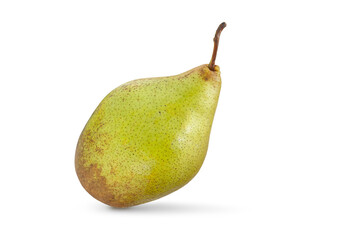 Pear isolated on white background. A yellow-green pear balances on white