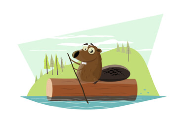 funny cartoon beaver riding on a tree log