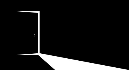 Half open secret door, new opportunities concept, unknown fear, step inside, future, what is behind, what is there. Flat vector illustration isolated on black background.