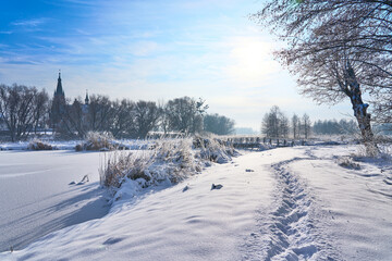 Winter wonderland. White winter landscape. Snow-covered countryside.