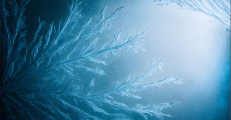 Fototapeta na wymiar Winter frost pattern on glass, Ice crystals, blue background, illustration generativ ai