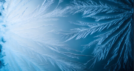Winter frost pattern on glass, Ice crystals, blue background, illustration generativ ai