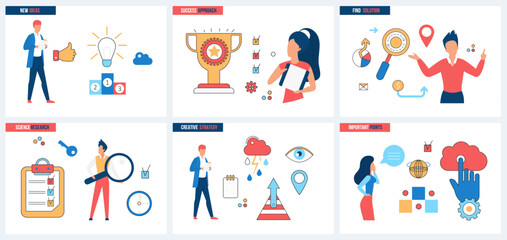New idea approach, success of science research to find solution set vector illustration. Cartoon tiny people with magnifying glass in search of important points, creative strategy, click on cloud data