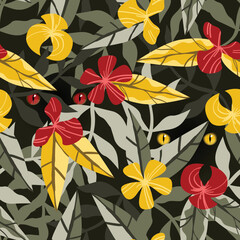 Red and yellow exotic flowers and predator eyes, seamless vector pattern