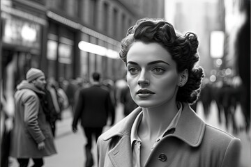 Fototapeta premium young woman walking in New York City in 1950. monochromatic vintage. This image was created with generative AI,