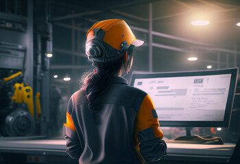 Fototapeta premium Professional Heavy Industry Female Engineer Wearing Safety Uniform. Industrial Factory Construction. Computer control..