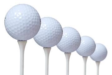 A closeup of five golf balls on a tees. white background.