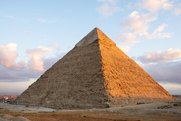 Cairo city behind awesome pyramid of Khafre or of Chephren in Giza the second-tallest and...