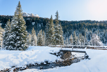 Wooden bridge over a creek in a beautiful snowy forested mountain landscape on a sunny winter day