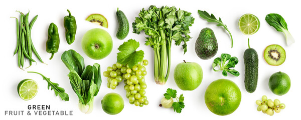 Green fruits and vegetable mix creative layout. - obrazy, fototapety, plakaty