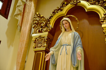 Closeup of Beautiful Statue of Our lady of grace virgin Mary in the church, Thailand. selective...