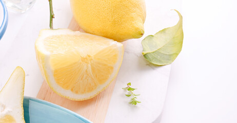 Lemon slice on the table. Free space for text, banner. High quality photo