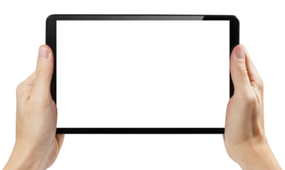 Hands holding black tablet computer cut out