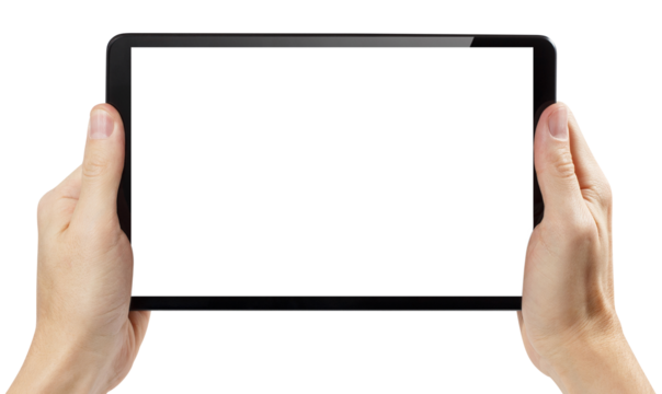 Hands holding black tablet computer cut out