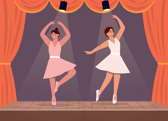 Ballet dancers concept. Women and young girls in dress on stage. Creativity and art, creative characters perform. Aesthetics and elegance. Poster or banner for site. Cartoon flat vector illustration