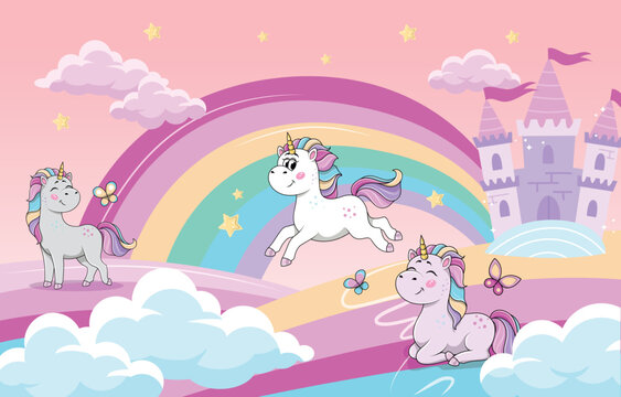 Unicorns wonderland concept. Fairy tale, imagination and fantasy. Ponies jump and fly against backdrop of city or town and houses on rainbow. Poster or banner. Cartoon flat vector illustration