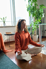 Calm mindful healthy young woman wearing headphones listening music audio podcast sitting on floor...