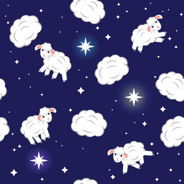 Fluffy sheep, clouds and stars - child seamless vector pattern