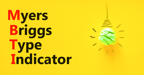 MBTI Myers Briggs type indicator symbol. Concept words MBTI Myers Briggs type indicator on yellow...