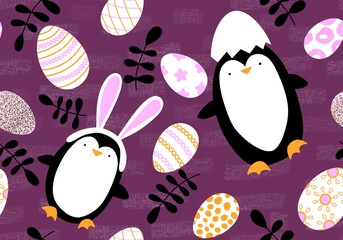 Easter eggs spring seamless animals penguin with rabbit ears cartoon pattern for wrapping paper and fabrics