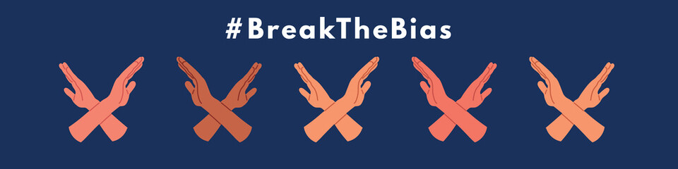 Banner Break The Bias. International women's day. 8th march. Woman crossed her arms. Vector isolated illustration