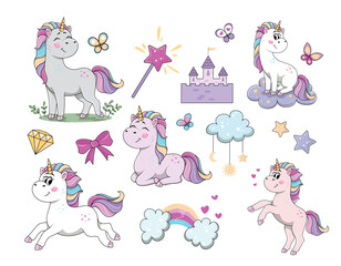 Cute unicorns collection. Set of stickers for social networks and messengers. Magic, imagination, dream and fantasy, fairy tale. Cartoon flat vector illustrations isolated on white background