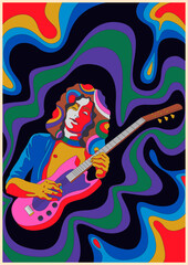 Psychedelic Retro Style Rock Music Guitarist Poster. 1960s Abstract Design Illustration