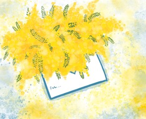 Fototapeta na wymiar Mimosa flowers on mother's day on March 8 in Italy. Postcard with mimosa watercolors. Symbol of women in Europe. Copy space 