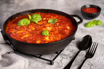 Food photography of stewed zucchini, courgette, tomato, sauce, basil, cheese, mozzarella, vegetables, casserole, ratatouille