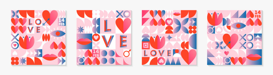 Valentines Day pattern templates.Romantic vector wallpapers in bauhaus style with geometric elements and symbols.Modern trendy designs for prints,banners,fabric,invitations,branding,covers.