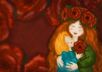 Mommy and daughter, mother's day card. Mom and little daughter are hugging. Drawing imitating a soft pencil. There are many red poppies in the background. ,postcard 
