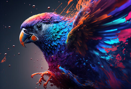 Marvelous abstract color paint splash parrot, Generative ai.