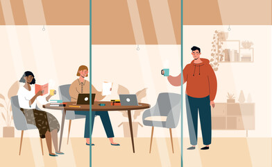 Team at office. Man and woman sitting at table. Teamwork and partnership, collaboration and cooperation. Brainstorming and communication. Business processes. Cartoon flat vector illustration