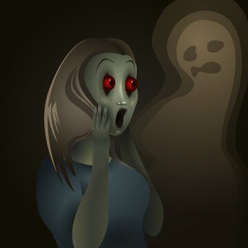 A Scary girl screams when she sees a ghost in the darkness. Vector illustration