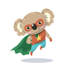 Superhero koala concept. Fictional character wearing cloak, animal with super strength and power. African savannah, tropics and exotics. Wild life and nature, fauna. Cartoon flat vector illustration