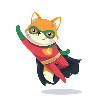 Superhero fox concept. Forest dweller in red suit with raincoat flies. Fantasy and imagination and fictional character. Graphic element for printing on fabric. Cartoon flat vector illustration