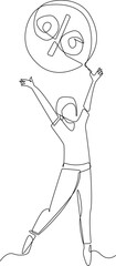 A man so happy after getting a big sale discount drawn by one continuous line. Minimalist business concept, simple continuous line, simple line, vector illustration. 