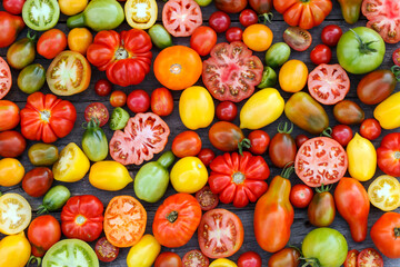 colorful tomatoes on the wooden background