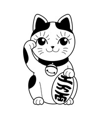 Maneki neko outline. Kitten waves its paw. Aesthetics and elegance. Minimalistic logotype for company and organization, branding. Template, layout and mockup. Cartoon flat vector illustration