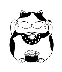 Maneki neko outline. Poster or banner for website, fat kitten. Mascot or toy. Asian decoration for room. Symbol of luxury and wealth. Minimalist creativity and art. Cartoon flat vector illustration