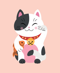 Maneki neko style. Happy cat with fish waves its paw. Lovable character. Toy or mascot. Traditions and culture. Poster or banner for website. Asian and chinese. Cartoon flat vector illustration