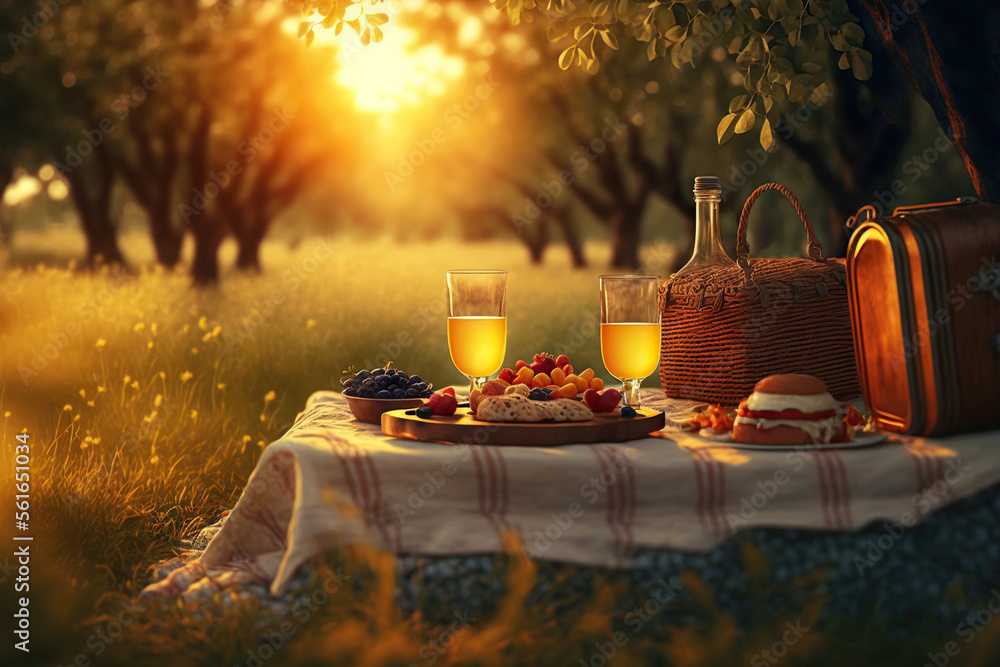 Wall mural Romantic summer picnic, basket with food and drinks, warm evening light. Generative AI